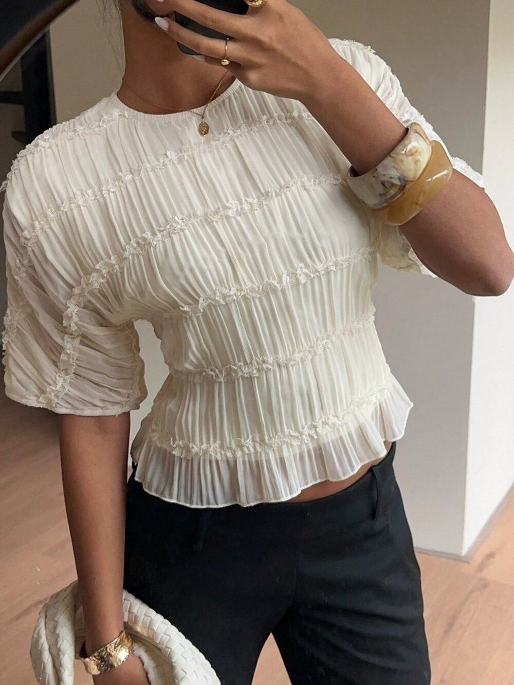Apricot Elegant Women's Lace Ruffle Crew Neck Blouse